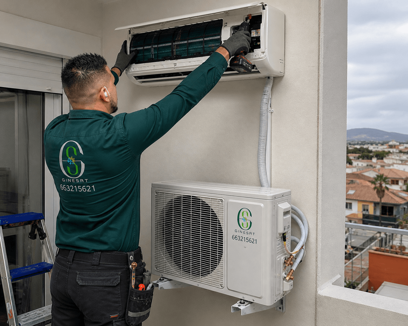 Técnico realizando mantenimiento de aire acondicionado
